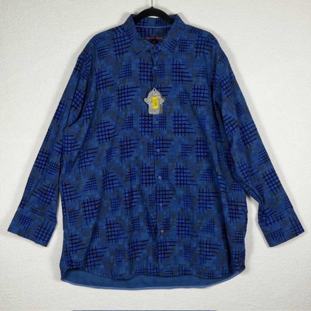 Luchiano Visconti Mens Blue Geometric Grid Button Down Shirt Cot. Modal 2XLB NWT
